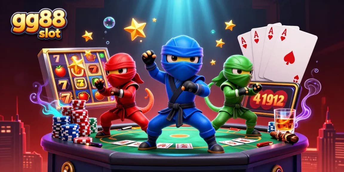 Experience thrilling action at gg88 slot with a dynamic scene featuring chameleon ninjas and casino elements.