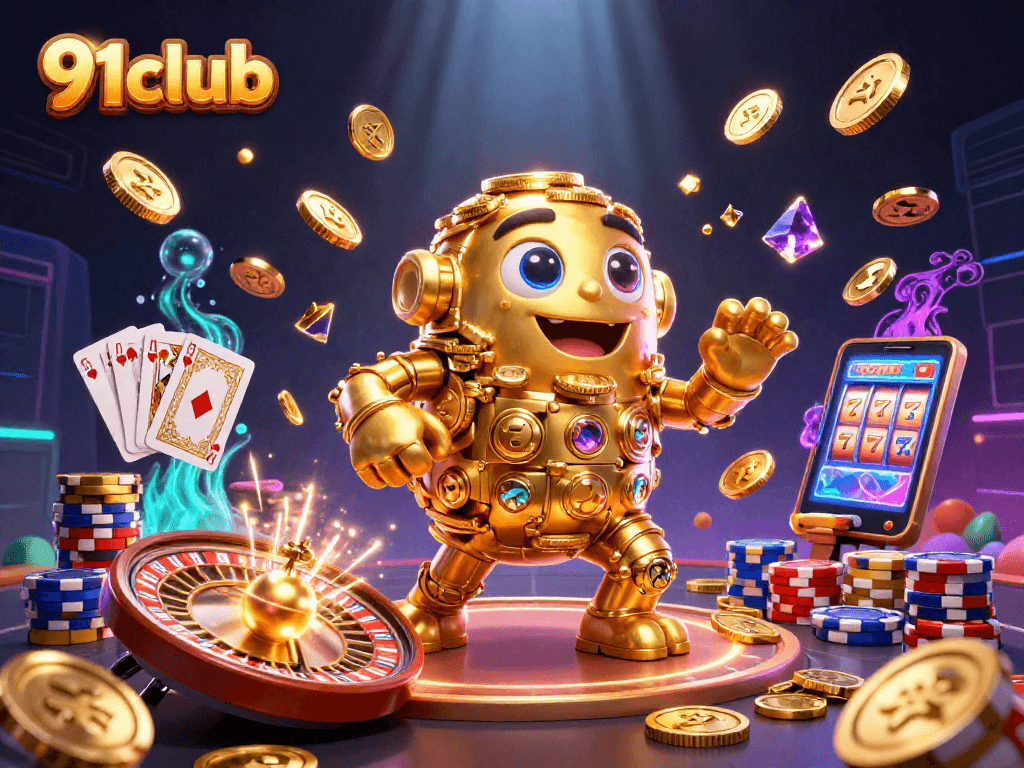 Spin the reels with 91club, showcasing thrilling casino elements and golden treasures.