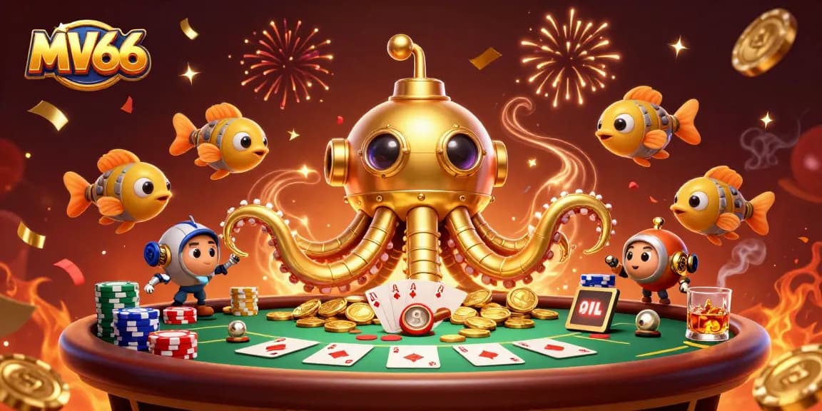 Experience MV66 action with a golden kraken submarine amidst poker chips, delivering excitement.