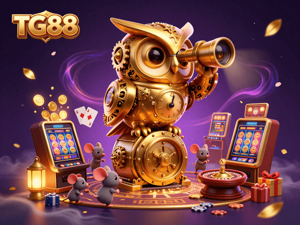 Engage in thrilling games at TG88 with vibrant casino-themed illustration showing owl and slot machines.