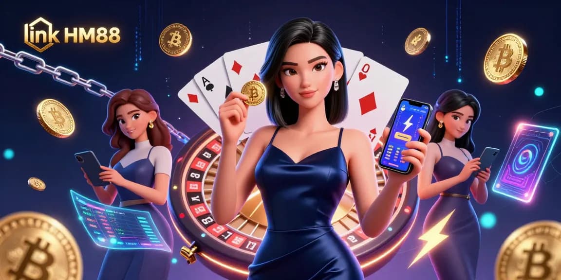 Play with link HM88, showcasing a stunning Asian woman in a casino setting with vibrant elements.