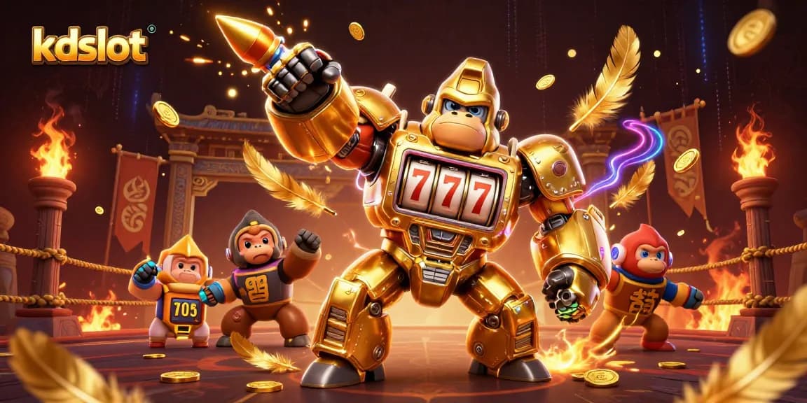 Experience thrilling victories with kdslot in this packed 3D casino scene featuring an impressive golden mech.