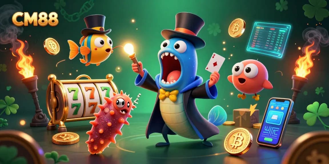Engage in thrilling slot games at CM88 with vibrant characters and crypto elements illuminating the scene.