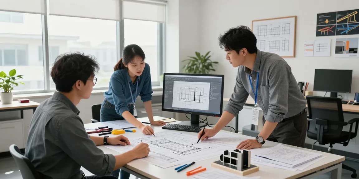Structural Engineering Consultant Canada team collaborating on project designs with blueprints and advanced engineering tools in a modern office.