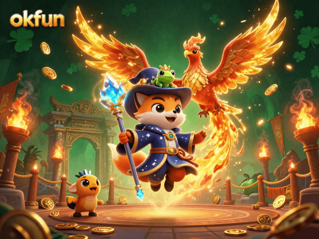 Experience thrilling gaming adventures with okfun, as mystical characters engage in a vibrant casino scene.