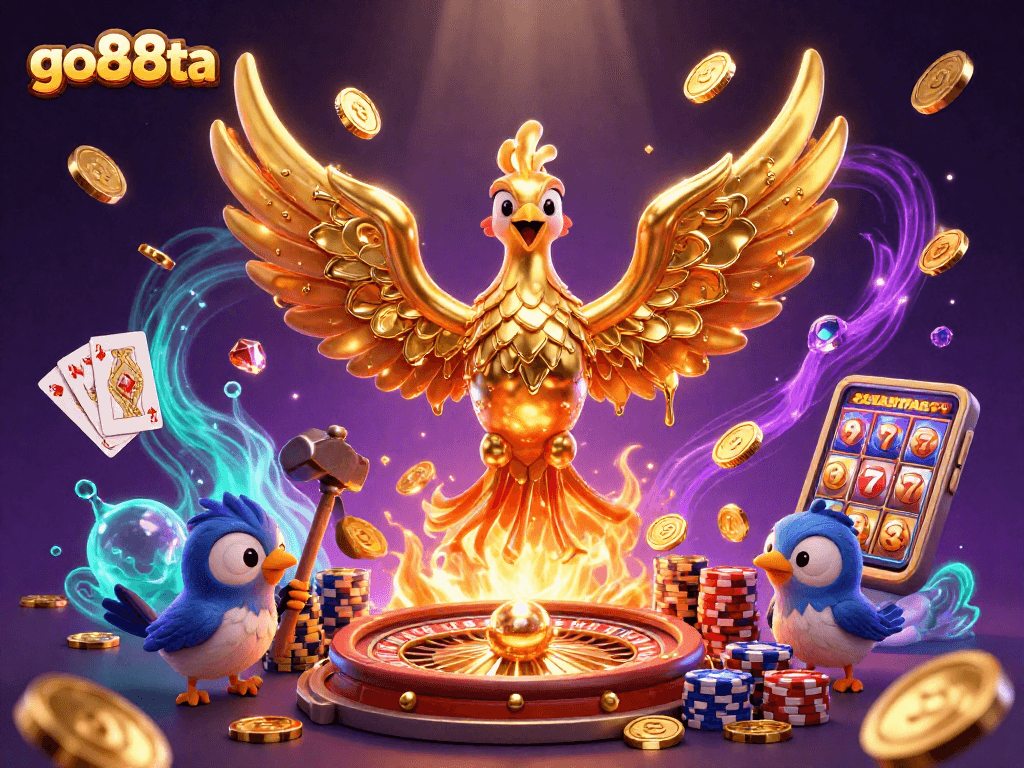 Feel the excitement at go88ta with a golden phoenix and casino elements lighting up the scene.