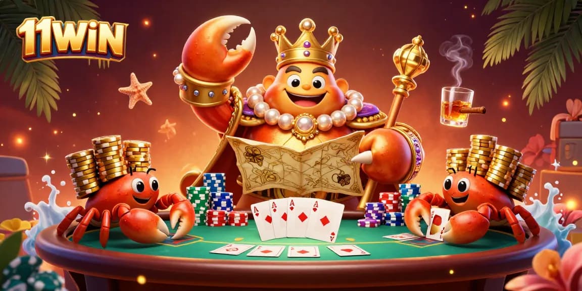 Join the thrilling action at 11WIN with the golden crab emperor amidst vibrant casino elements.