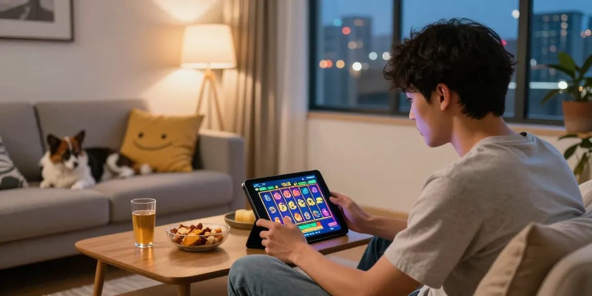 Exciting home gaming experience with demo slot on a tablet, vibrant graphics, and cozy atmosphere.