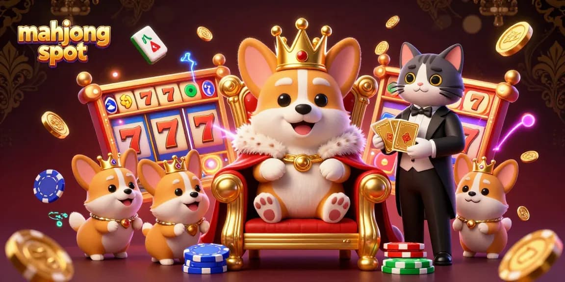 Win big with mahjong slot in this vibrant 3D illustration showcasing a royal corgi and gaming elements.