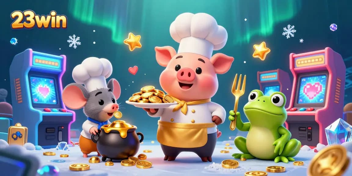 Experience the thrill of 23win's games with vibrant characters and gold coins in a dynamic casino scene.