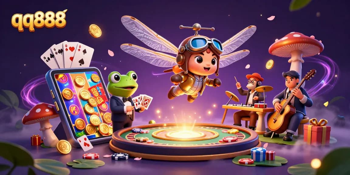 Experience thrilling games at qq888 with a vibrant scene of a dragonfly pilot and frog croupier.