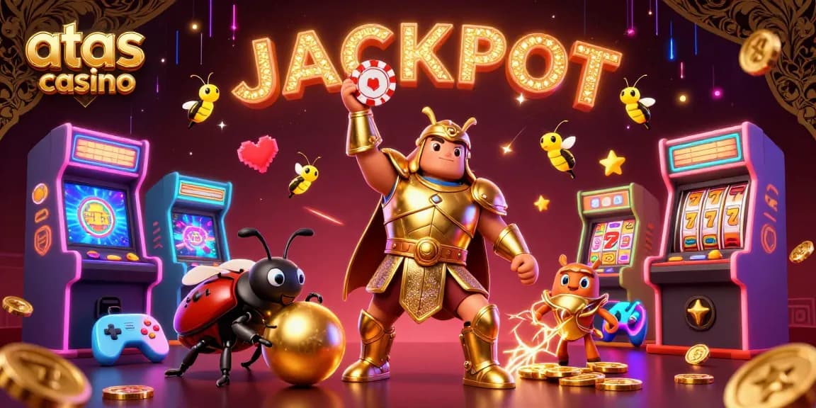 Experience the excitement of atas casino with a 3D cartoon illustration featuring winning moments and vibrant game elements.