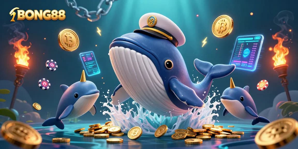 BONG88 players enjoy vibrant underwater fun with dolphins, a whale, and coins in this captivating illustration.