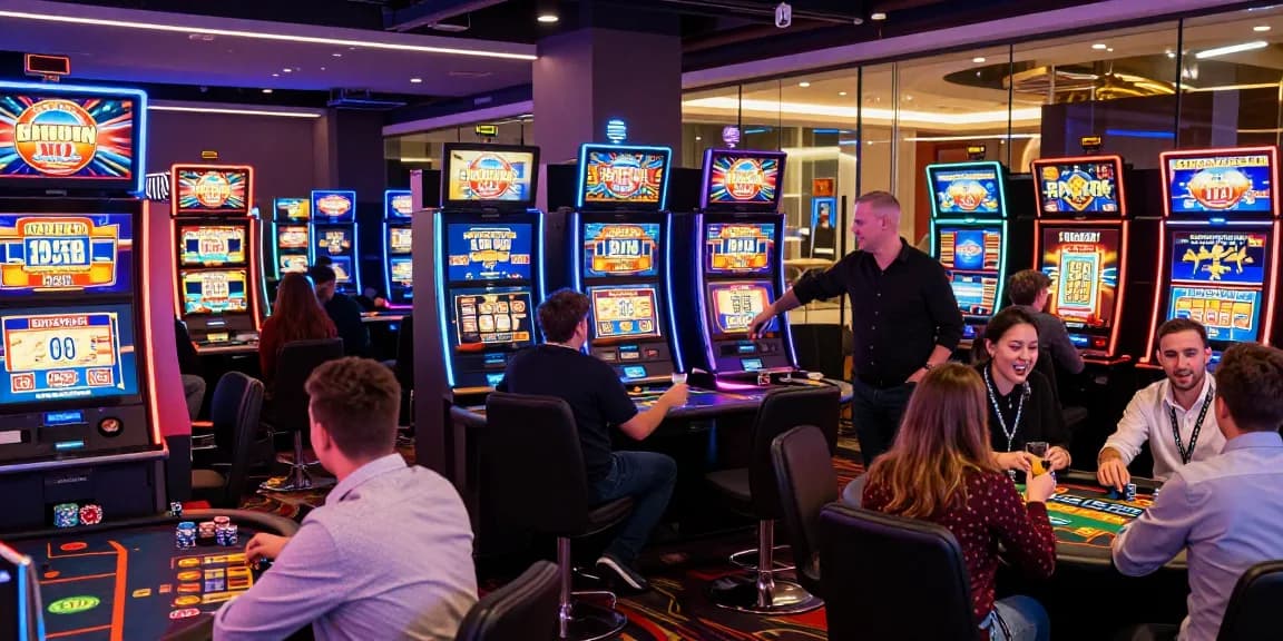 New online casinos in the UK featuring vibrant gaming scene with players at slots and tables.