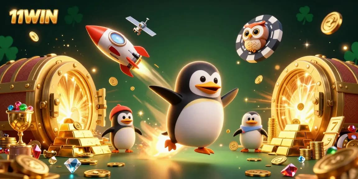 Experience the thrill of 11WIN as a golden penguin rockets through a vibrant casino realm filled with treasures.