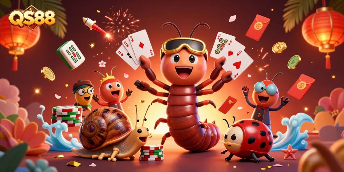 Engage in the vibrant QS88 casino scene with animated characters and playful playing cards.