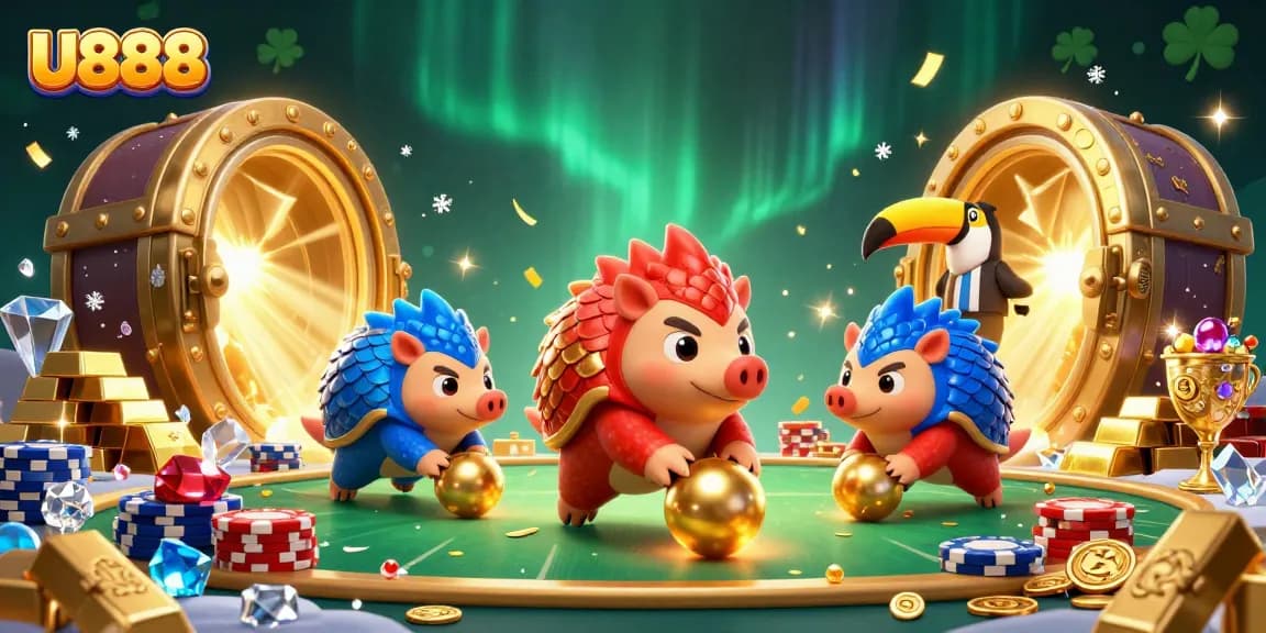 Experience U888 action with pangolins rolling through poker chips in an exciting casino scene.