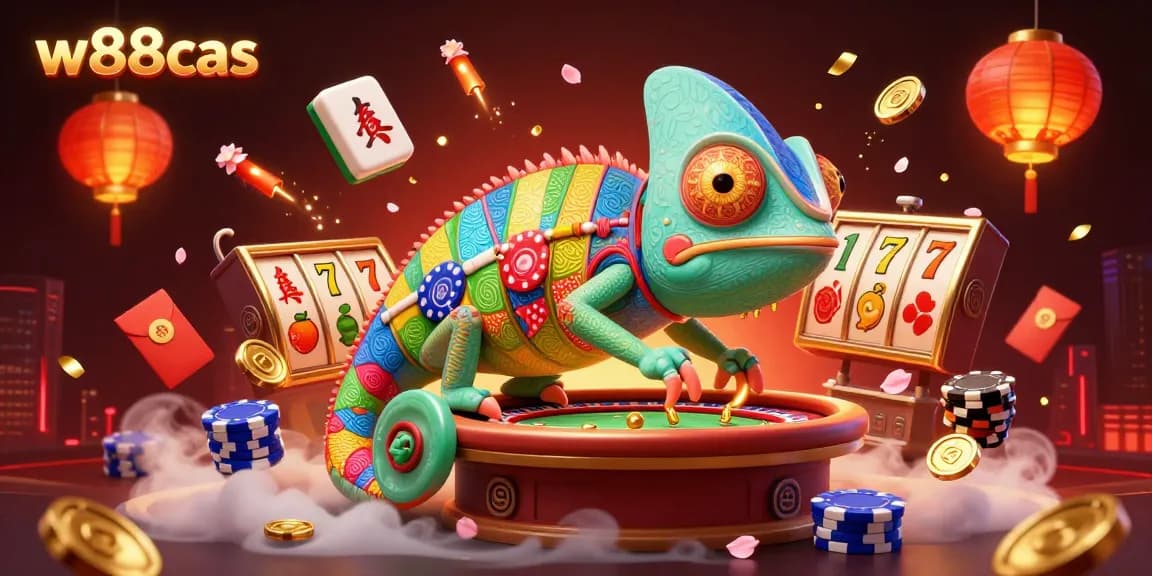 Join exciting games at w88cas with vibrant slots and a colorful chameleon casino owner!