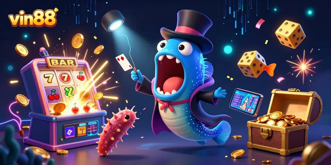 Engaging vin88 fantasy scene with deep-sea creatures bringing casino magic alive through card tricks and jackpots.