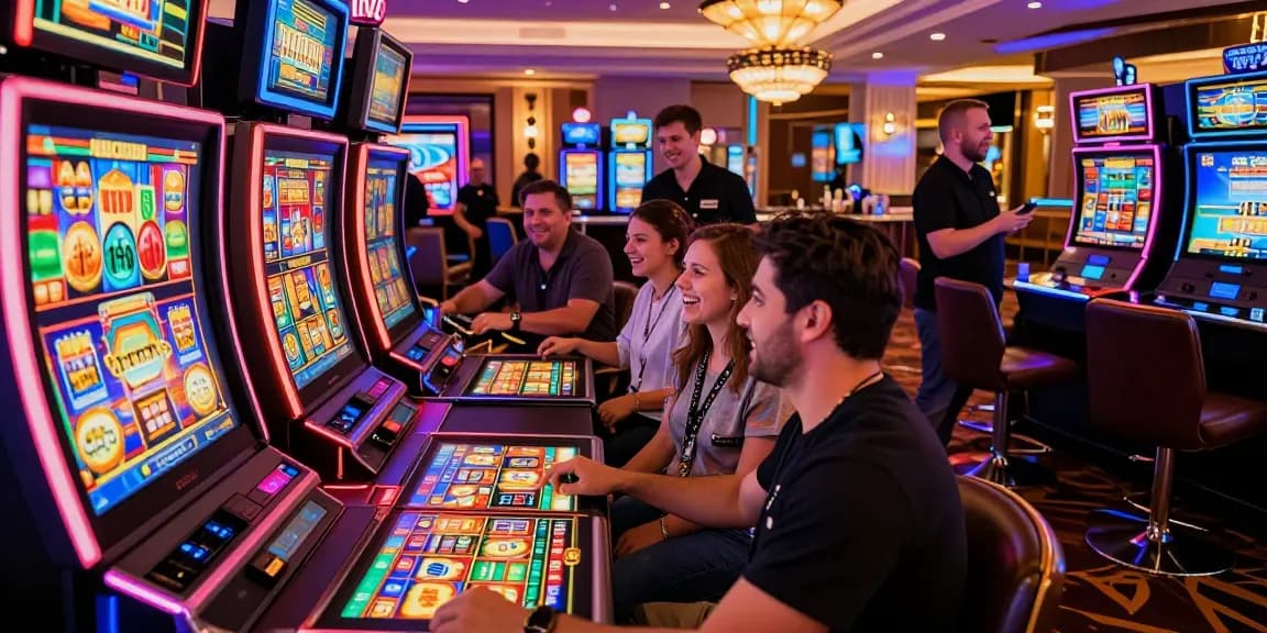 Engaged players enjoying bonus buy slots in a vibrant casino atmosphere.