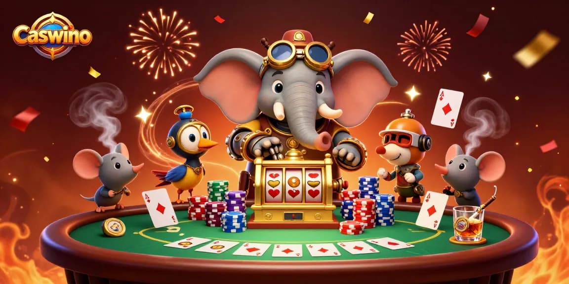 Caswino entices players with a steampunk elephant engineer operating a dynamic slot machine amidst a vibrant casino scene.
