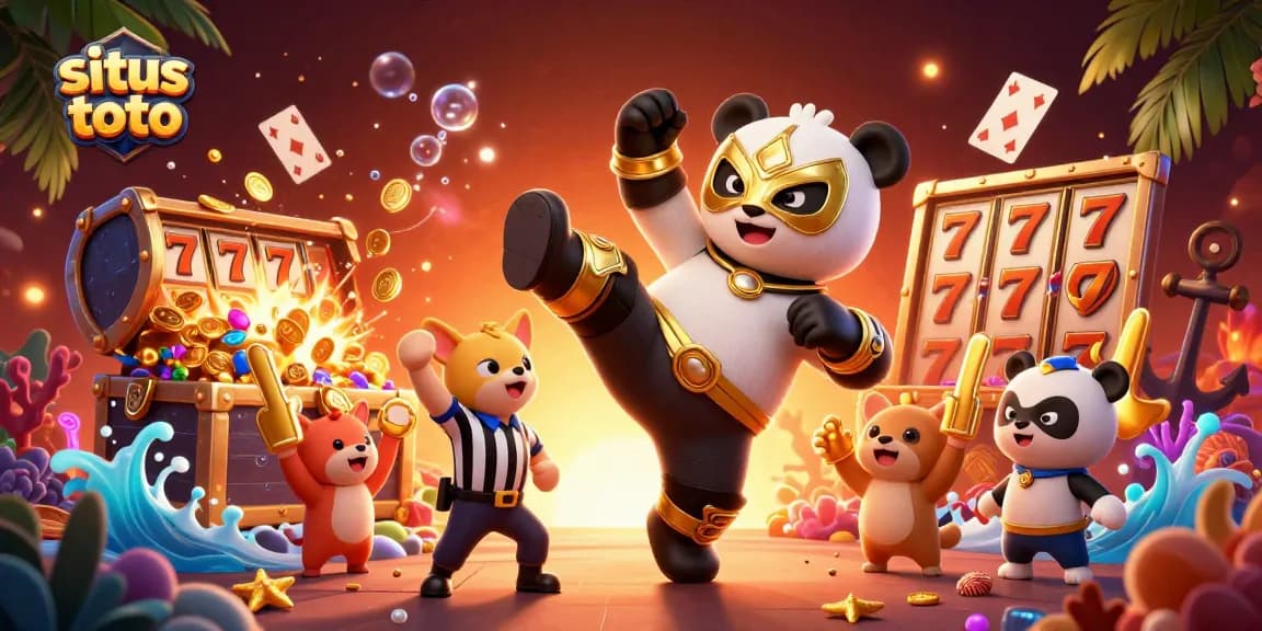 Situs toto offers exciting gambling action with a panda wrestler kicking among slot reels and gold coins.