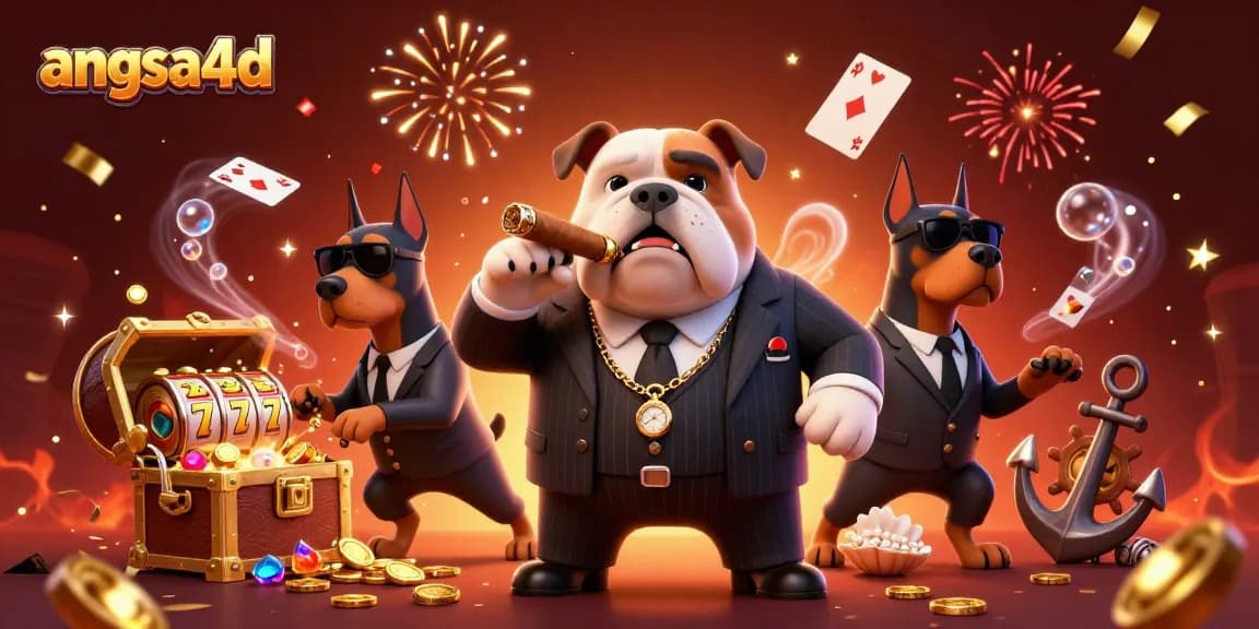 Experience thrilling gameplay with angsa4d featuring a mafia bulldog and Doberman bodyguards surrounded by gold coins and slot reels.