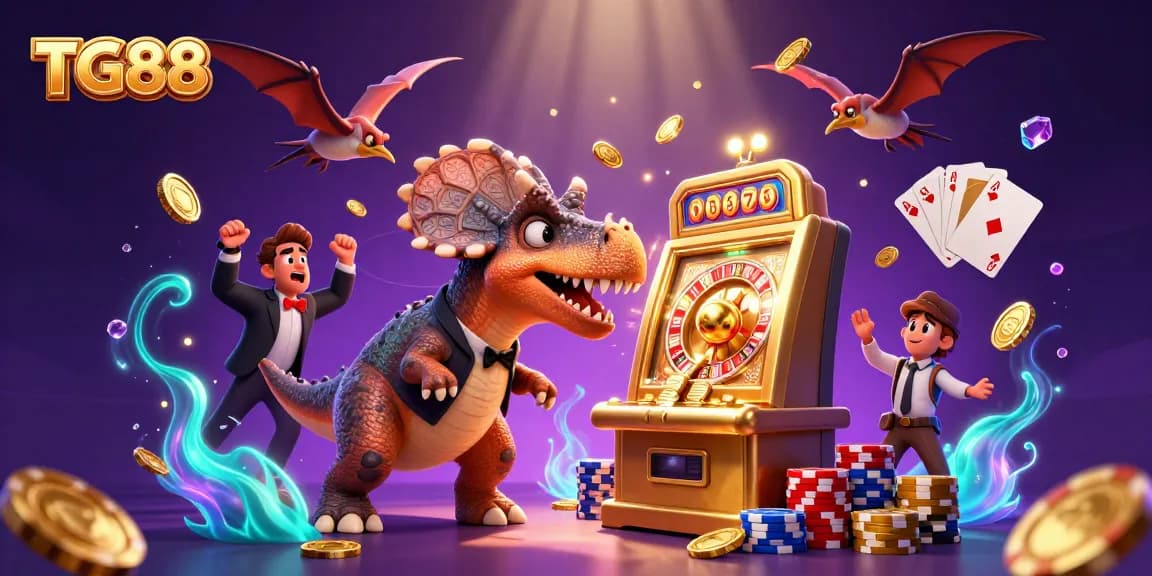 TG88 players hitting the jackpot at a vibrant cartoon casino scene with flying coins.