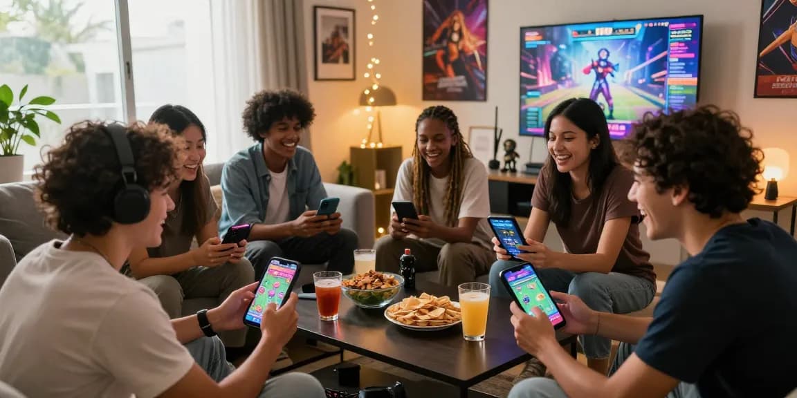 Friends enjoying the lucky-101 game in a cozy living room with snacks and vibrant decorations