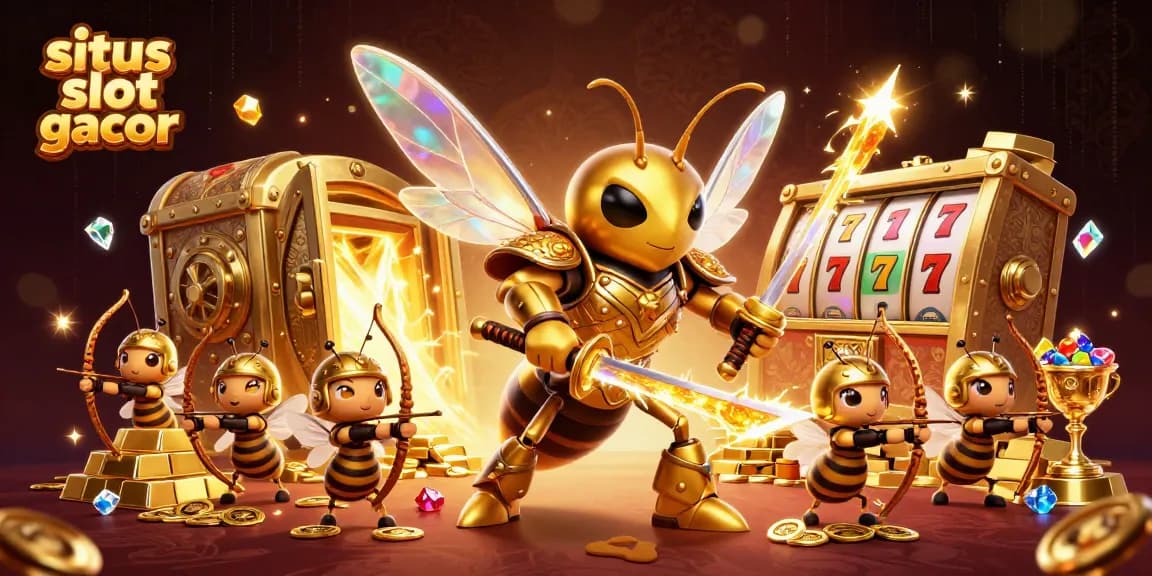 Engage with situs slot gacor in an exciting scene featuring a golden hornet samurai and dazzling slot machine elements.