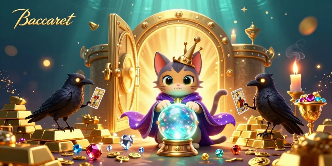Baccarat scene with a mystic cat and a raven amidst treasures, showcasing vibrant casino elements.