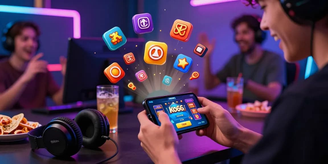 Engaging gaming moment with KO66 app on smartphone in a vibrant setting, showcasing excitement and interactive gaming experience.