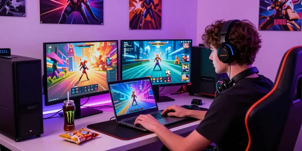 LUCK8 gaming enthusiast engaging in online play with vibrant graphics and snacks in a colorful atmosphere.