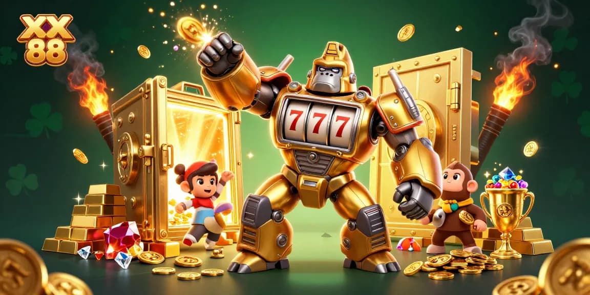 Engage in the thrilling world of XX 88 with a dynamic, vibrant casino illustration featuring a golden mech and treasure.