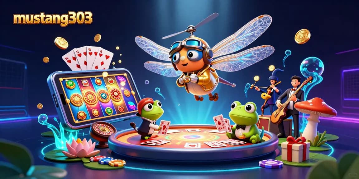 Win big with mustang303 in this vibrant 3D casino scene featuring dragonfly pilot and frog dealer.