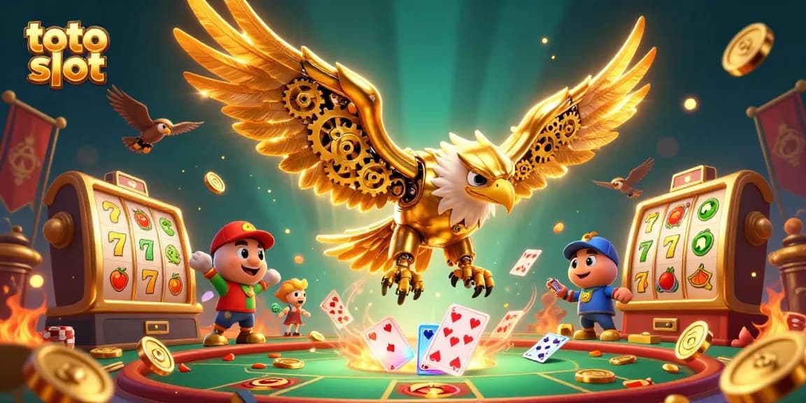 Spin winning toto slot reels with dynamic scene featuring a golden eagle and vibrant casino elements.