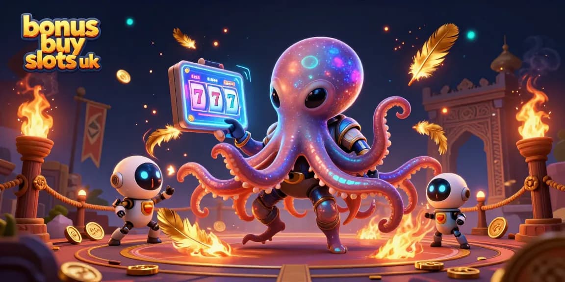Engage in bonus buy slots uk action with a vibrant alien octopus character amidst swirling gold and slot machine elements.