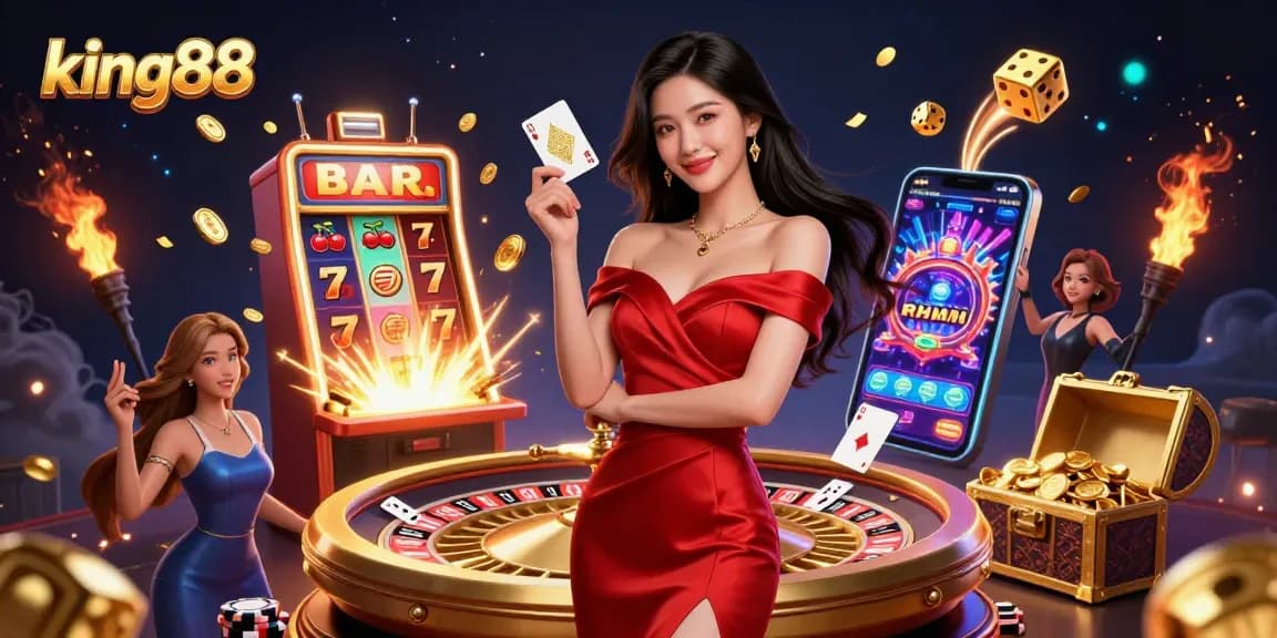 Experience king88's thrilling casino action with stunning visuals and vibrant game elements in this illustration.