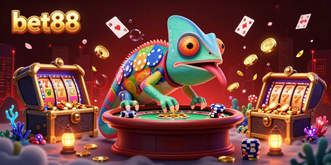 Experience thrilling bets at bet88 with a vibrant casino scene featuring a chameleon owner.