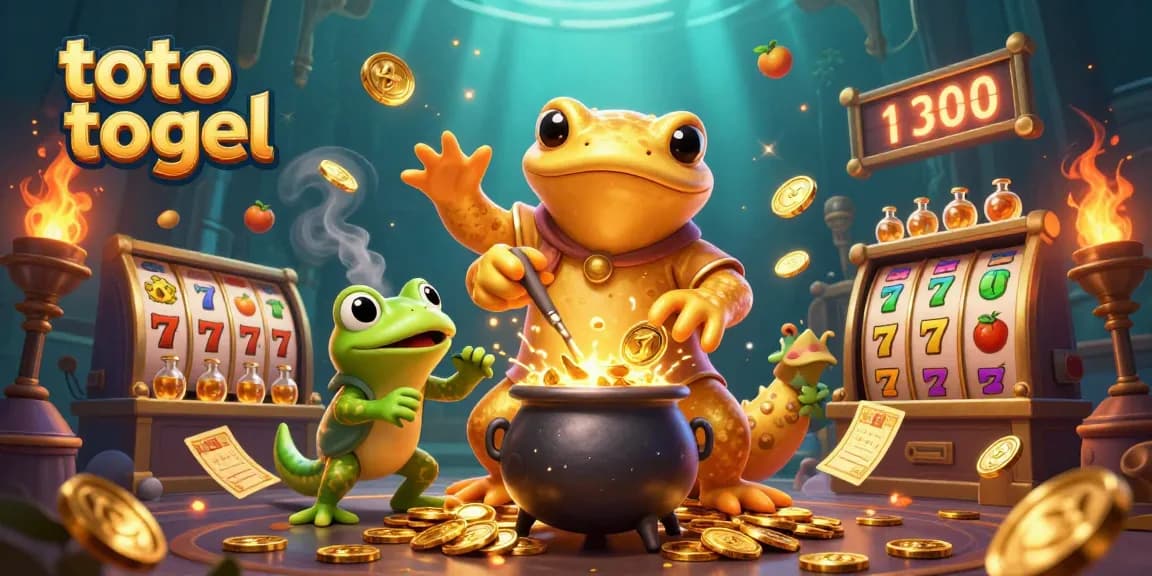 Engage with toto togel through a vibrant scene of gold coins and a golden salamander alchemist, illustrating the thrill of gaming.