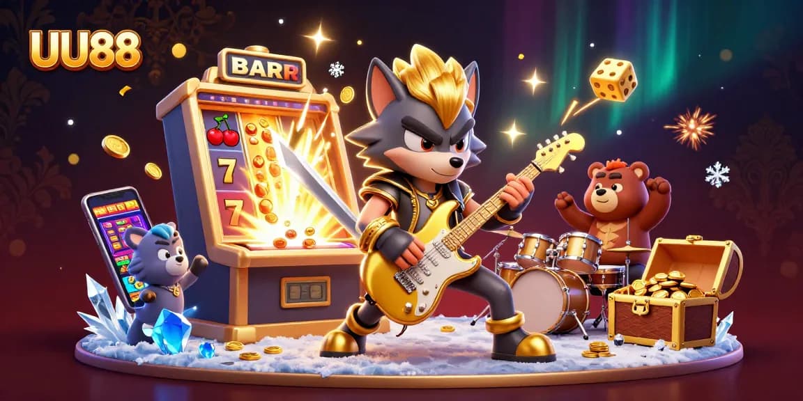 Experience the excitement of UU88 on a vibrant, action-packed casino stage with characters and jackpot symbols.