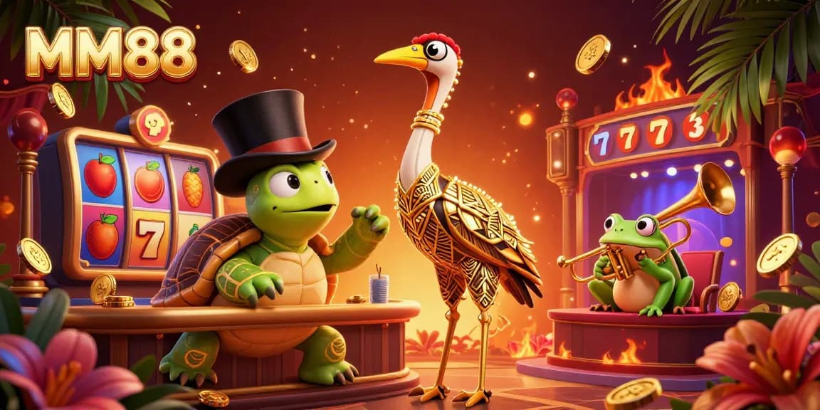 Engage with MM88’s exhilarating slot games amidst vibrant characters in a colorful casino setting.