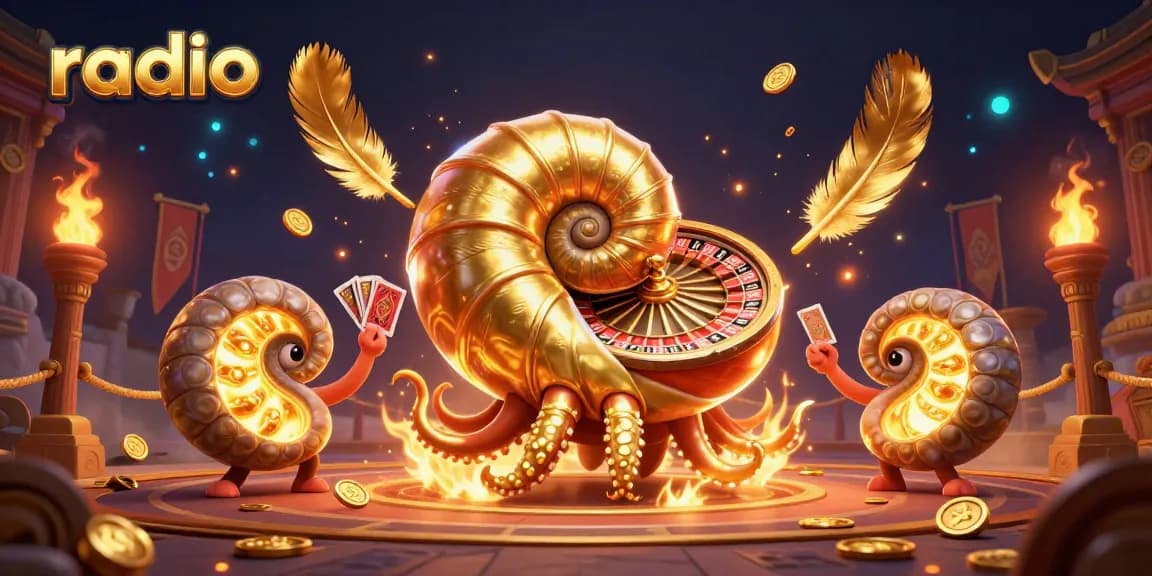 Engage with the radio-themed nautilus in a vibrant casino illustration, showcasing dynamic card play.