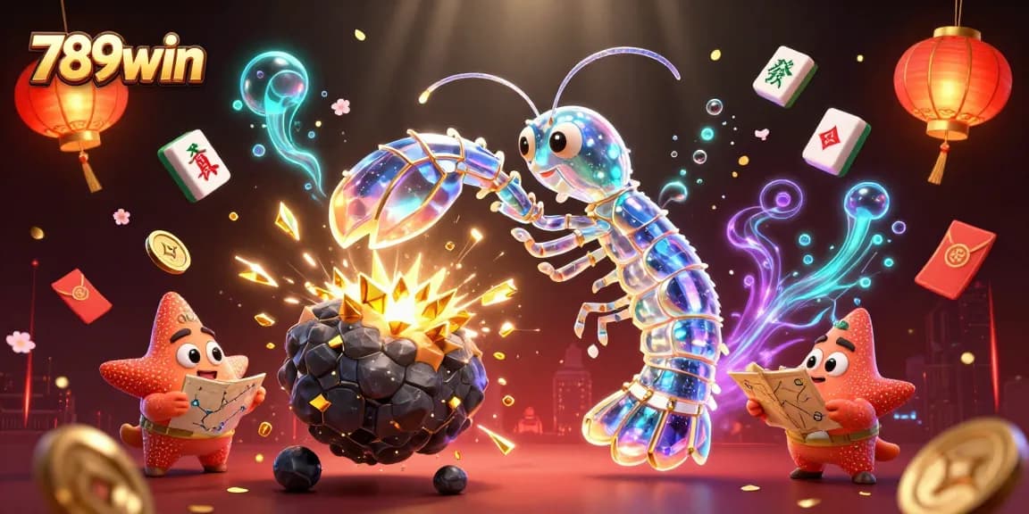 Bet on 789win with an animated galactic mantis shrimp character amidst colorful casino elements.