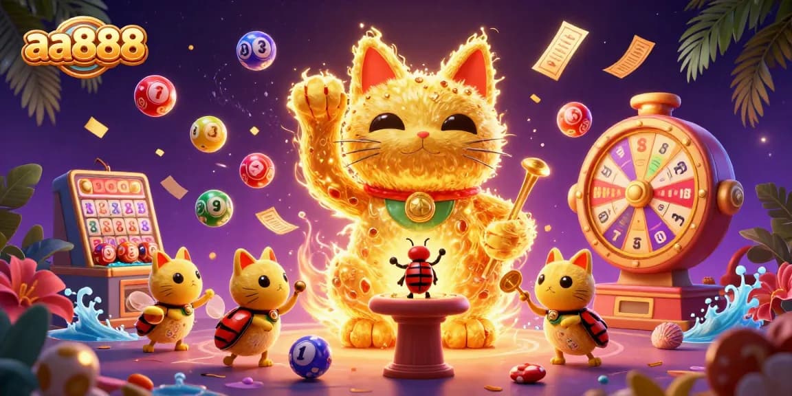 Enter the energetic world of aa888 with a vibrant illustration featuring a giant lucky cat made of golden fireflies surrounded by colorful casino elements.
