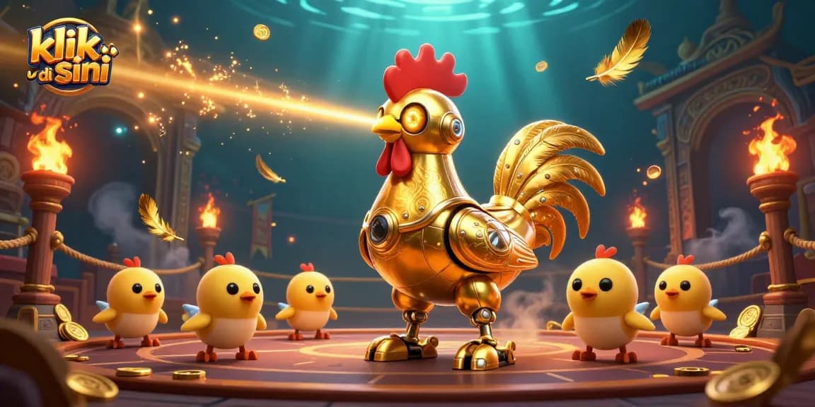 Engage in thrilling gameplay at klik di sini with the futuristic golden rooster robot and baby chick drones.