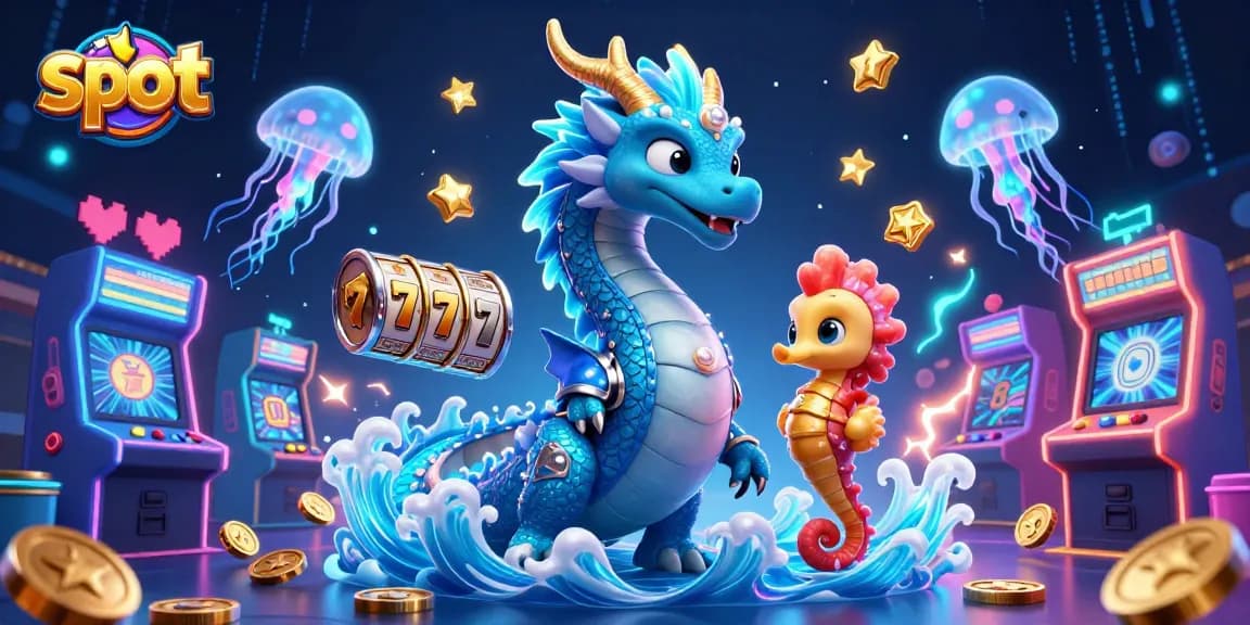 Menangkan slot dengan ilustrasi naga air dan kuda laut tempur di antara mesin permainan kasino digital.