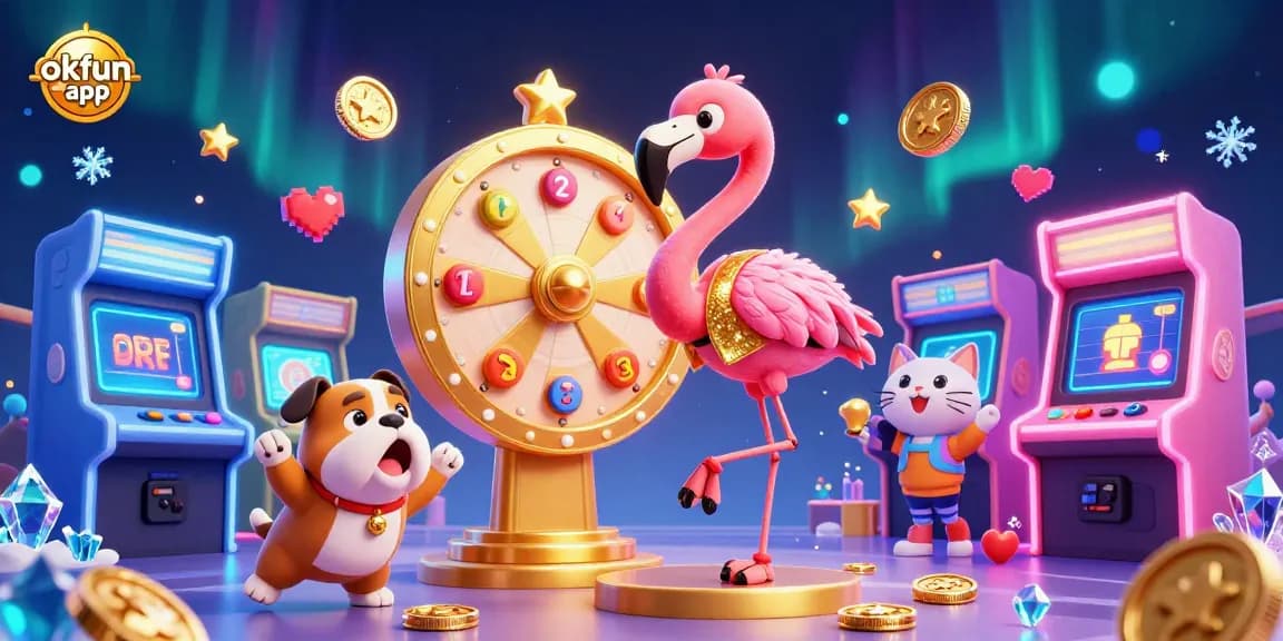 Spin to win with the okfun app in this vibrant casino game illustration, featuring exciting prizes and characters.