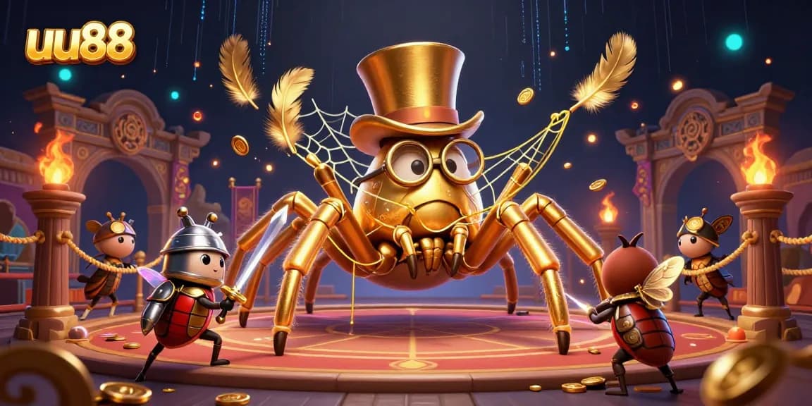 Engage with uu88's thrilling casino online experience, witnessing a unique giant golden tarantula and beetle knight in action.