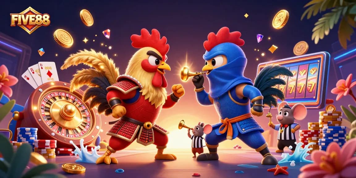 Experience exhilarating gaming at FIVE88 with dynamic dueling roosters, gold coins, and roulette action.
